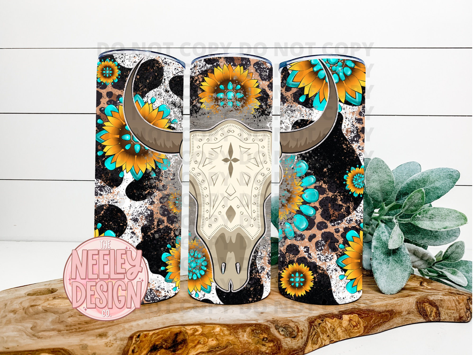 Bull Skull With Turquoise Sunflowers Tumbler