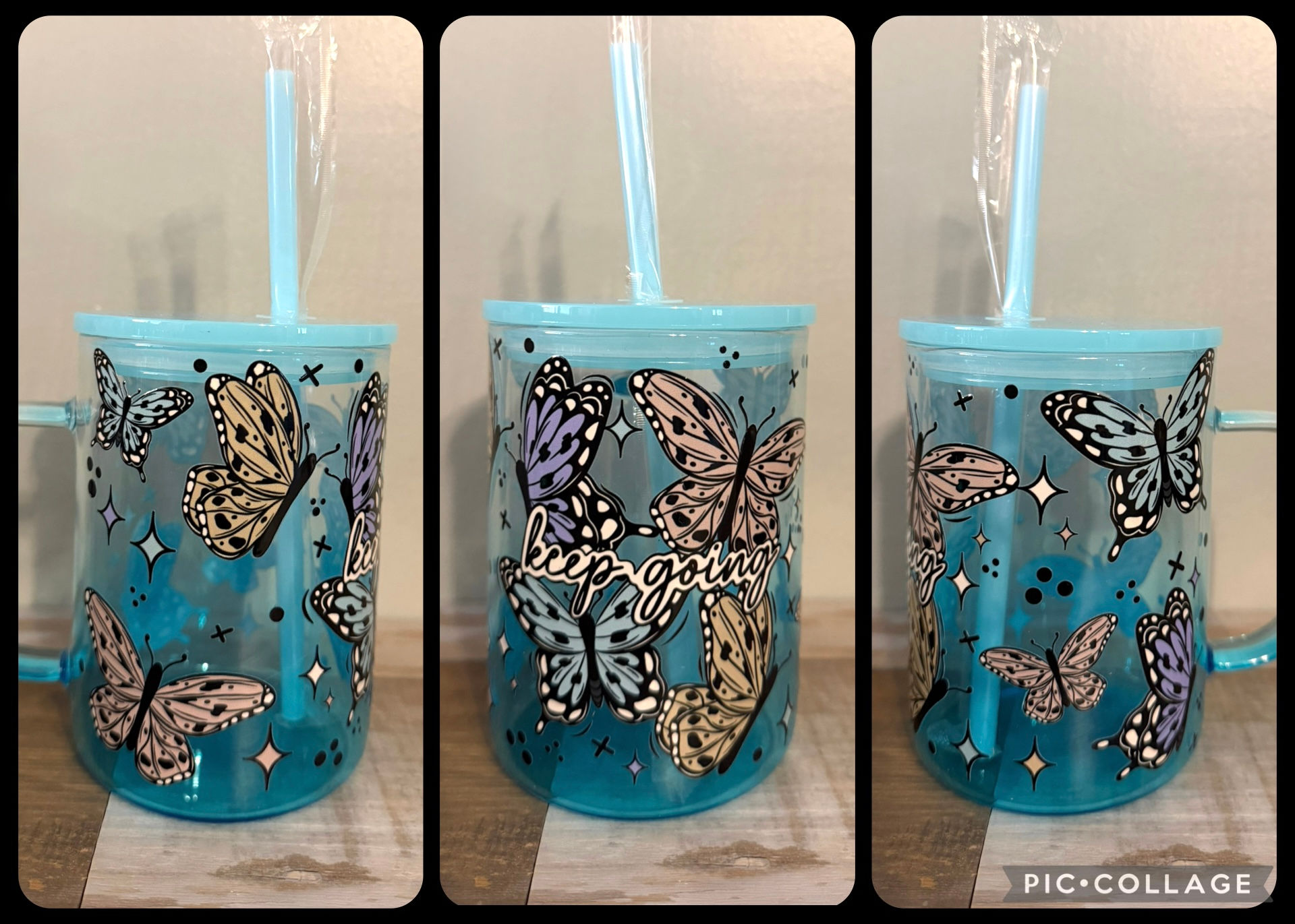 Keep Going Butterflies || Light Blue Gradient Glass Mug || 16oz