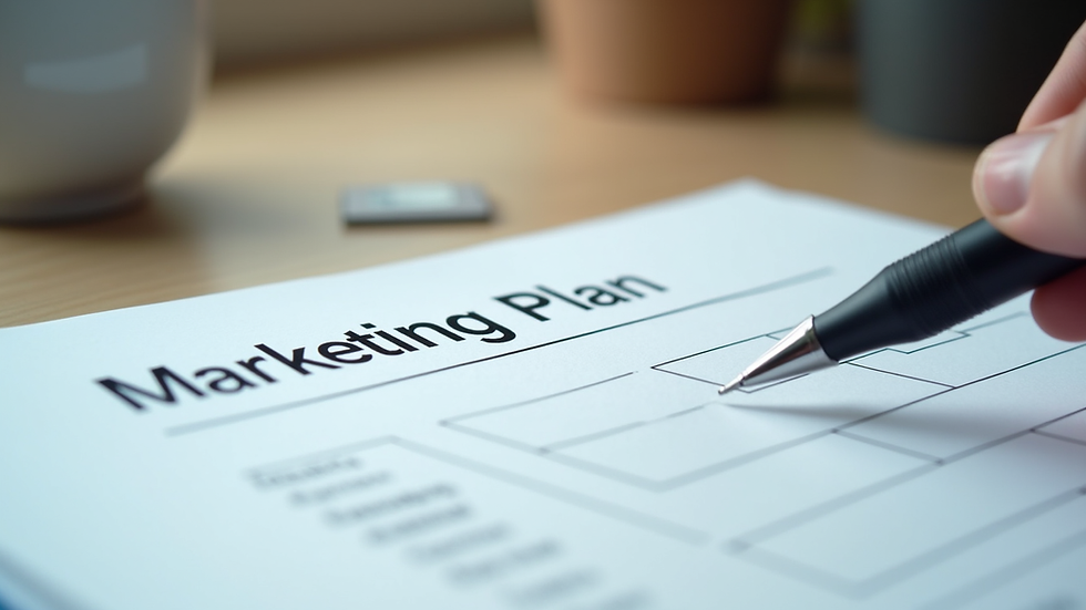 Close-up view of a marketing plan document on a desk with a pen