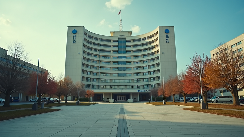 Wide angle view of a hospital building in a foreign city