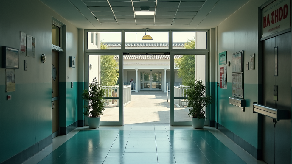 High angle view of a Spanish hospital entrance with signage in Spanish