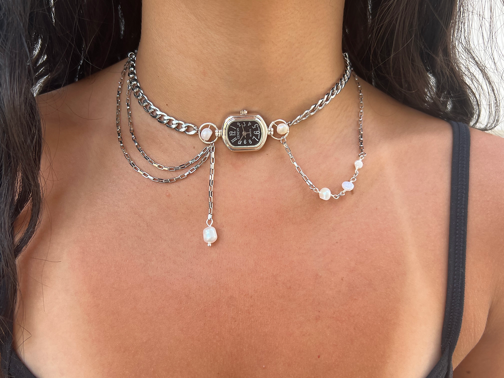 Thumbnail: Watch Necklace with pearls in black