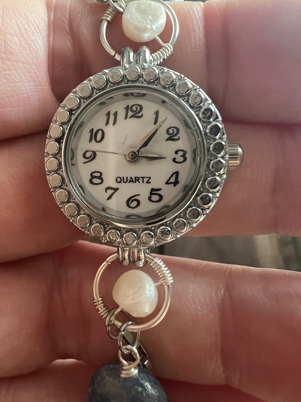 Thumbnail: Watch Necklace with pearls & kyanite 