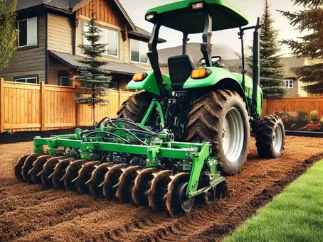 A green tractor with a rototiller attachment preparing soil in a residential backyard for sod installation. This step ensures proper soil aeration before using a sod cutter to lay fresh grass.