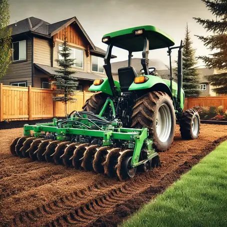 A green tractor with a rototiller attachment preparing soil in a residential backyard for sod installation. This step ensures proper soil aeration before using a sod cutter to lay fresh grass.