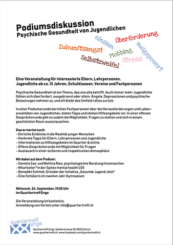 24. September 2025, 19.00 Uhr im Quartiertreff Psychische Gesundheit von Jugendlichen