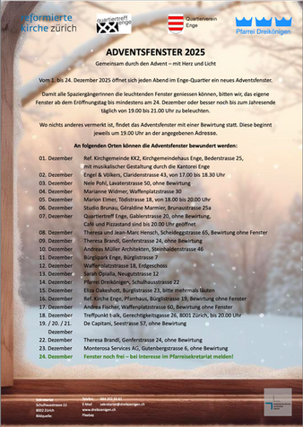 Adventsfenster vom 1. bis 24. Dezember 2025
