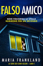 Copertina del libro "Frenemy" di Maria Frankland, un thriller psicologico sulle amicizie tossiche, con una scena di una vetrina su strada dai toni blu.