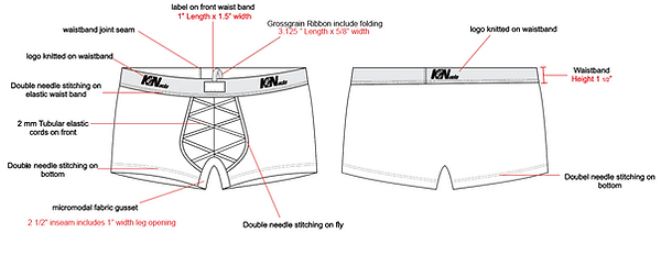 Technical drawing of KNUCKS underwear showing detailed features including cords, pull tab, leather label, and stitching.