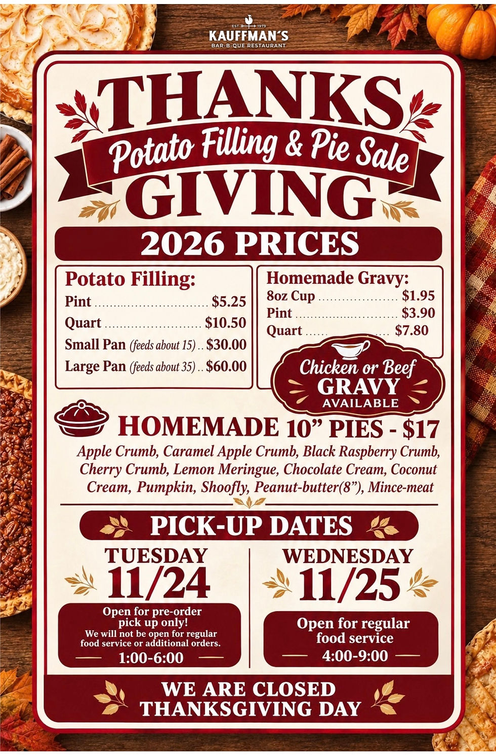 Thanksgiving Potato Filling & Pie Sale