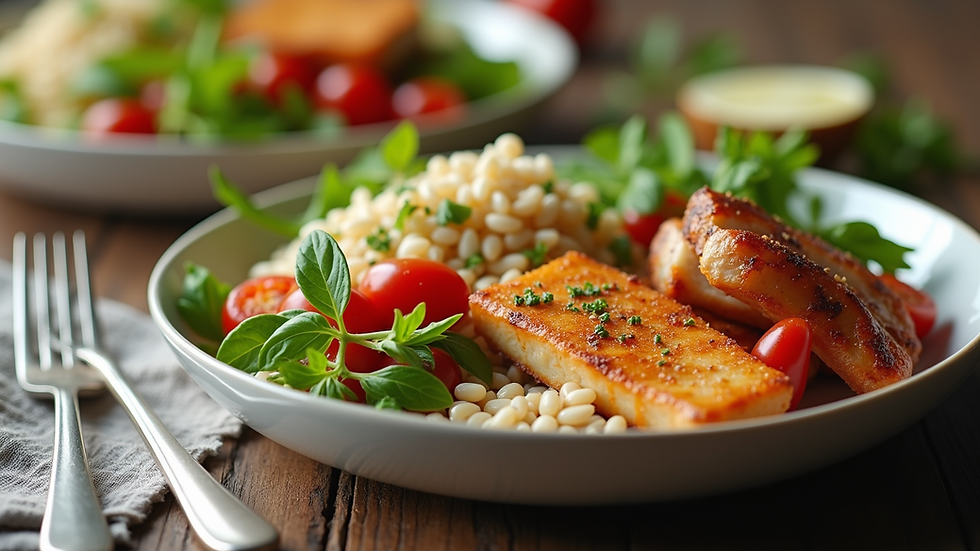 Close-up view of a balanced meal with vegetables, lean protein, and whole grains