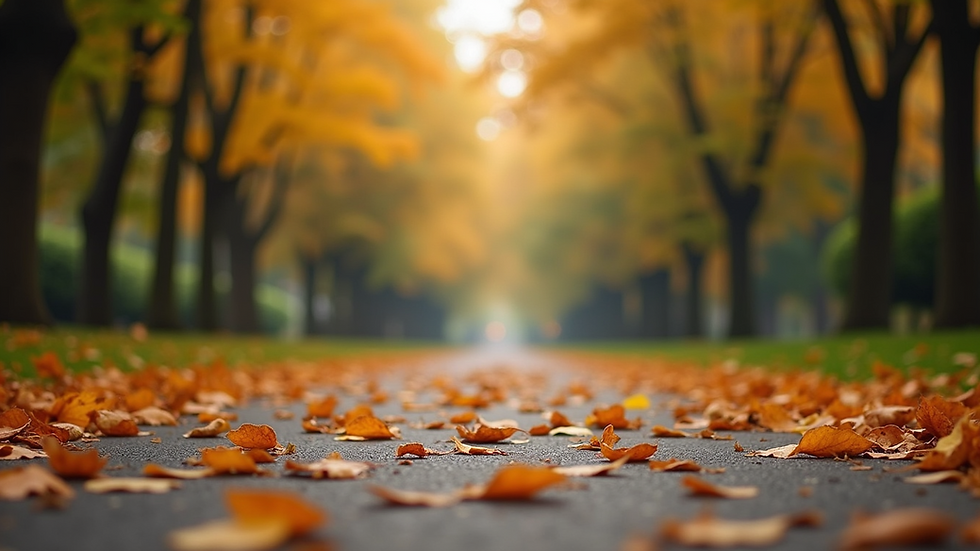 Eye-level view of a peaceful park path with autumn leaves