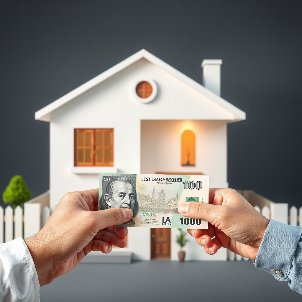 Crie uma imagem real com a fachada de uma casa e uma nota de 100 reais, associados demonst
