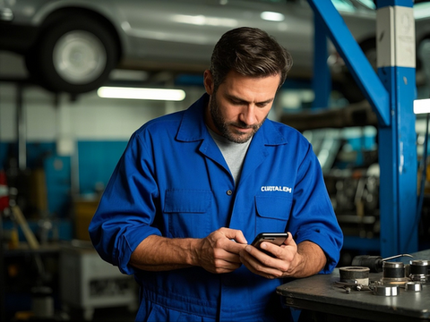 Mecânico de automóveis segurando um smartphone