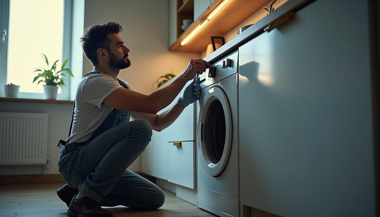 Eye-level view of a technician inspecting a household appliance in a kitchen