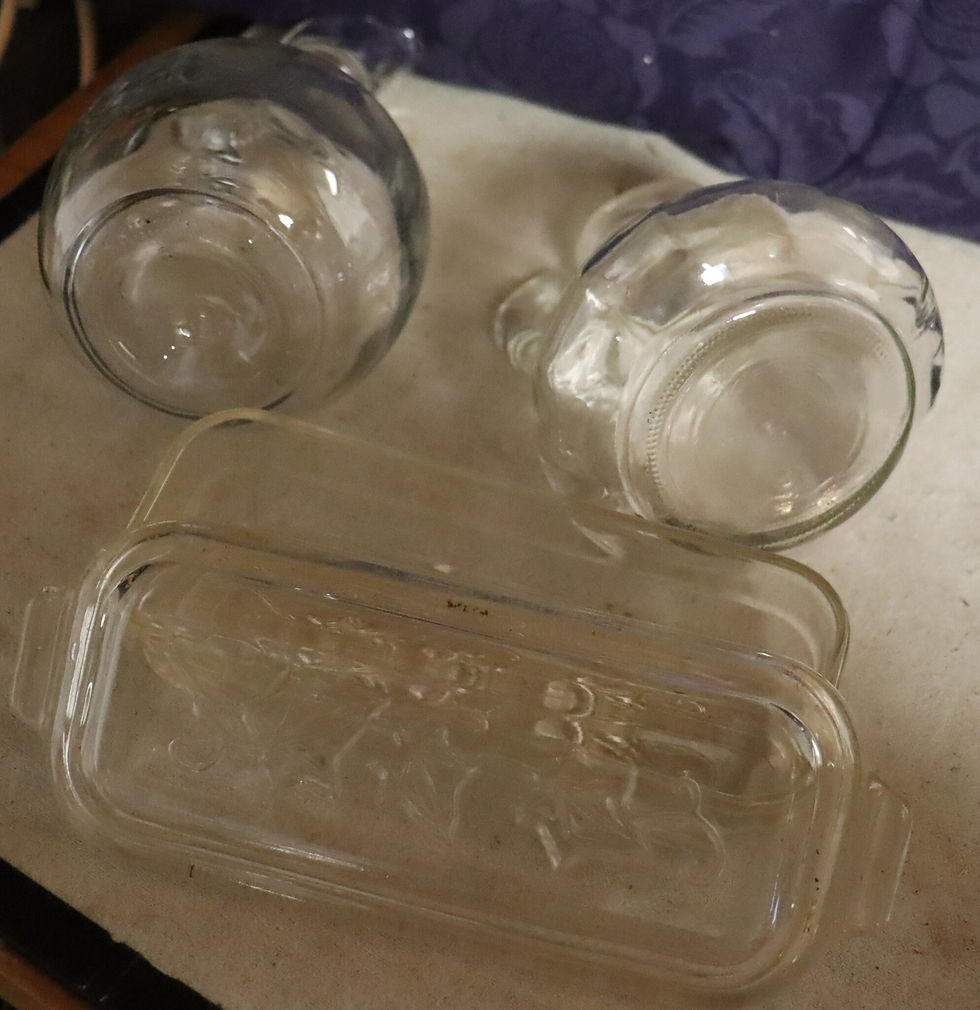 Vintage 3 piece glass kitchen set Butter dish and 2 vinegar jugs