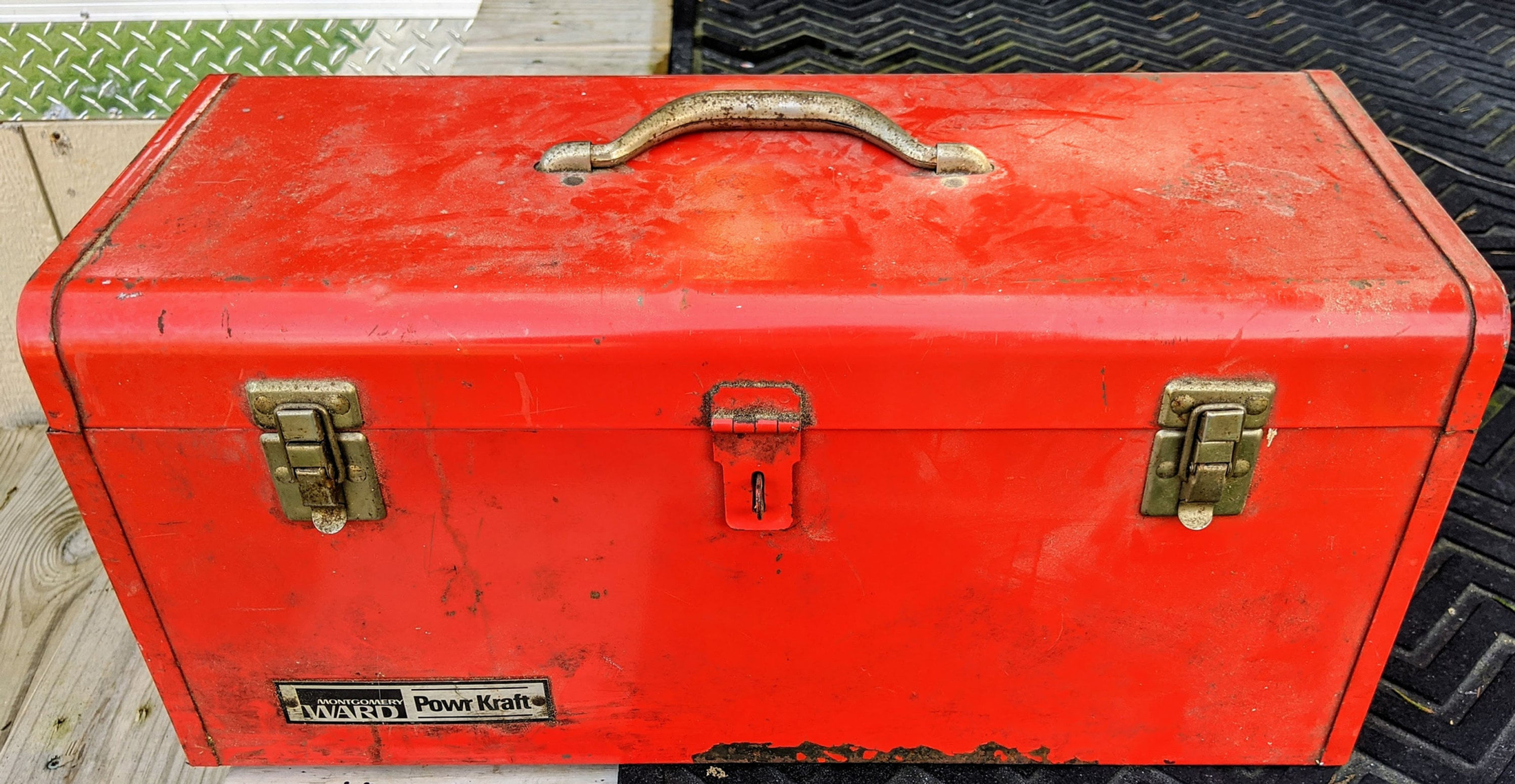 Vintage Montgomery Ward Fiesta Red tool box with tray