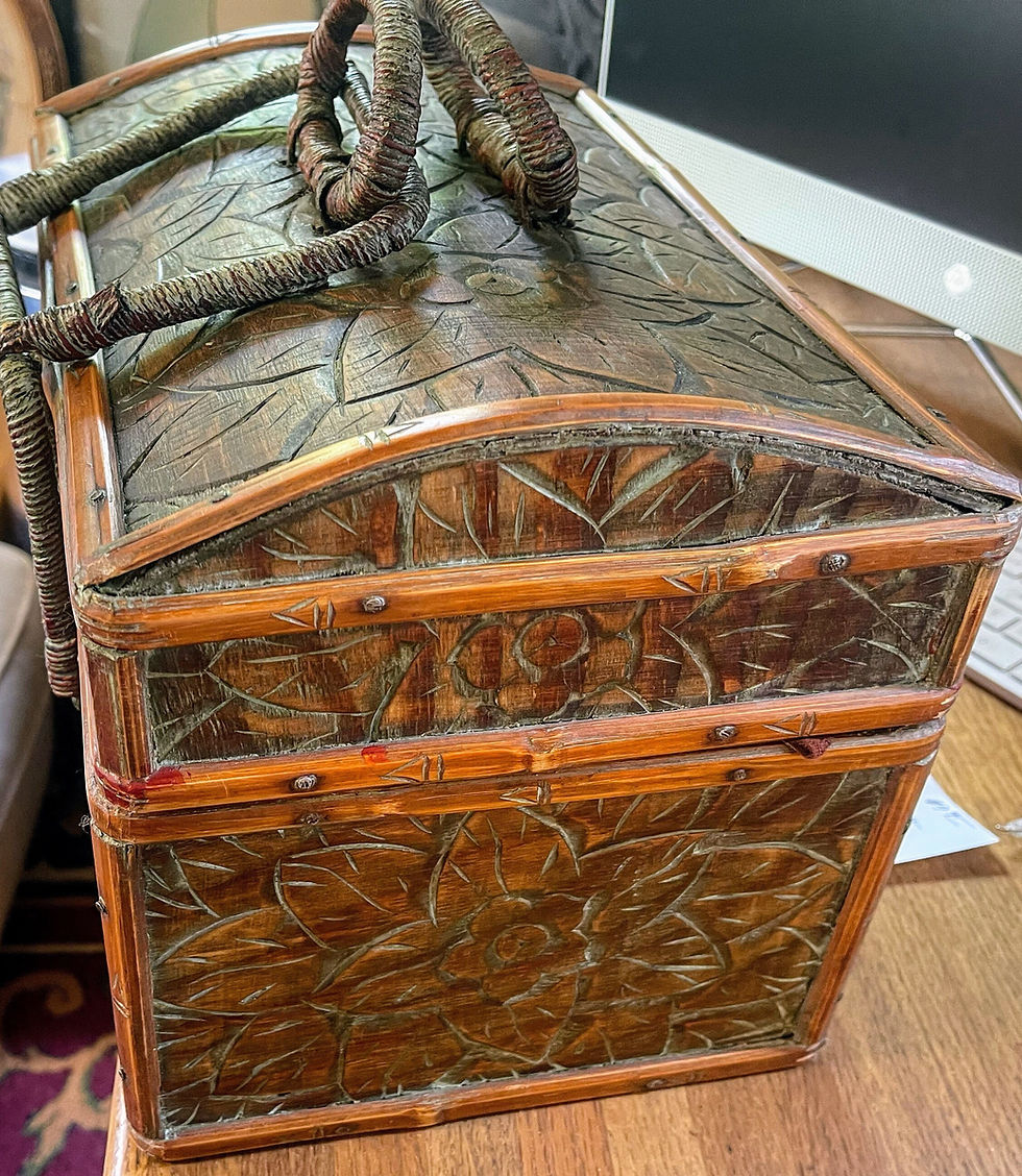 Thumbnail: Vintage carved leather and wood basket
