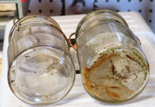 Thumbnail: Vintage  pair of pint jars with glass tops.