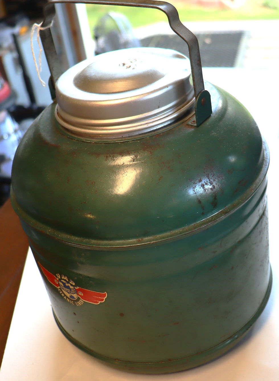 Thumbnail: Vintage OLYMPIC red wing thermic jug with ceramic liner, forest green untested