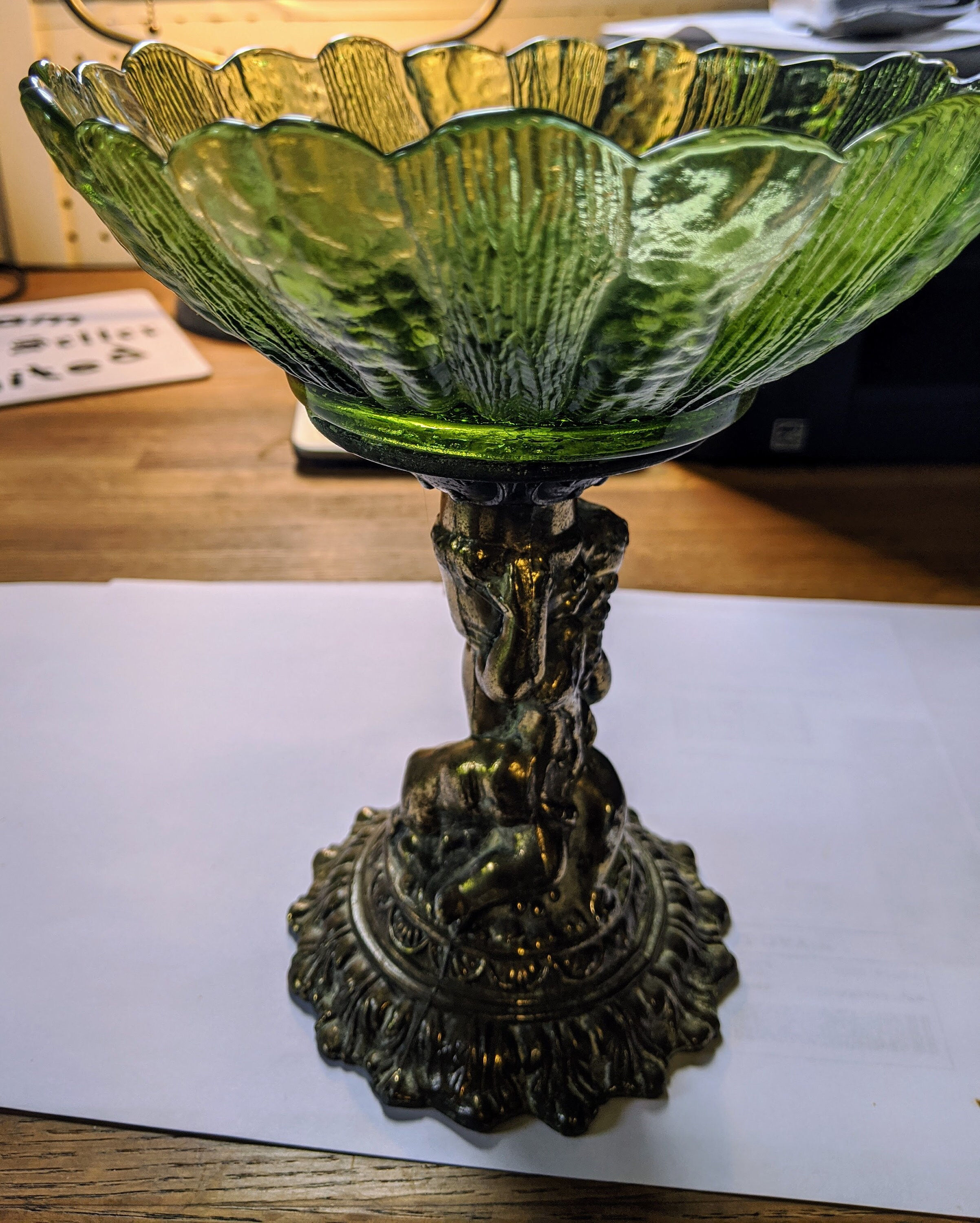 Vintage green bowl on brass boy base