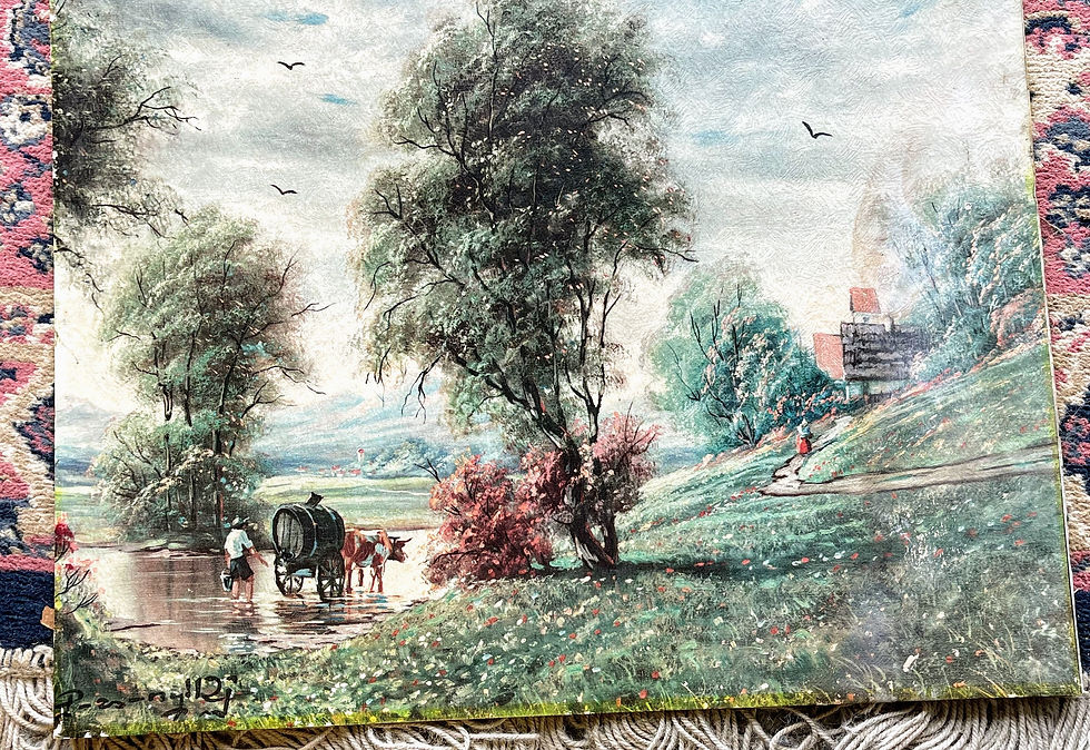 Thumbnail: Vintage print of  ox on a beautiful spring day on card board