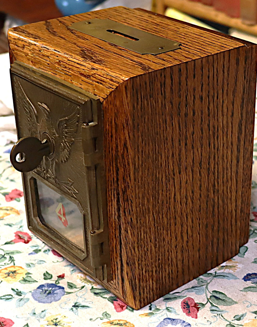 Thumbnail: Vintage Handmade bank with a U S Post office door and key Solid Oak 7 by 6 by 6