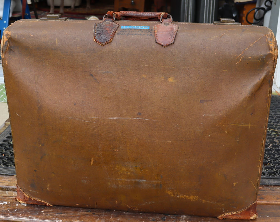 Thumbnail: Very vintage leather and hard canvas suitcase