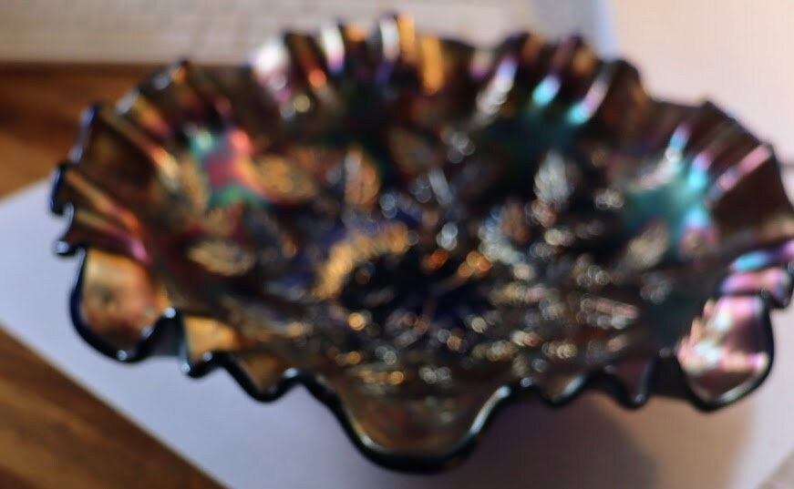 Thumbnail: Beautiful vintage blue carnival glass dish  Holly Pattern Cobalt blue and butte