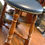 Thumbnail: Vintage stool or ottoman wood with blue vinal  nail head top, 17 by 17 by 13 inc