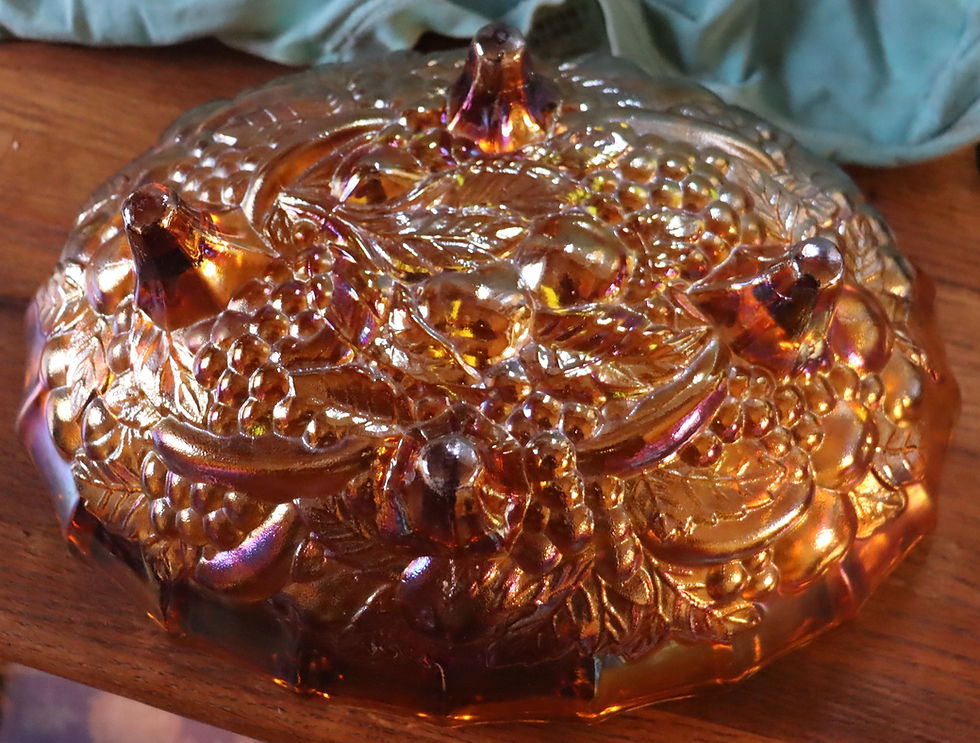 Thumbnail: Vintage carnival glass  4 leg vase or bowl gold grape design
