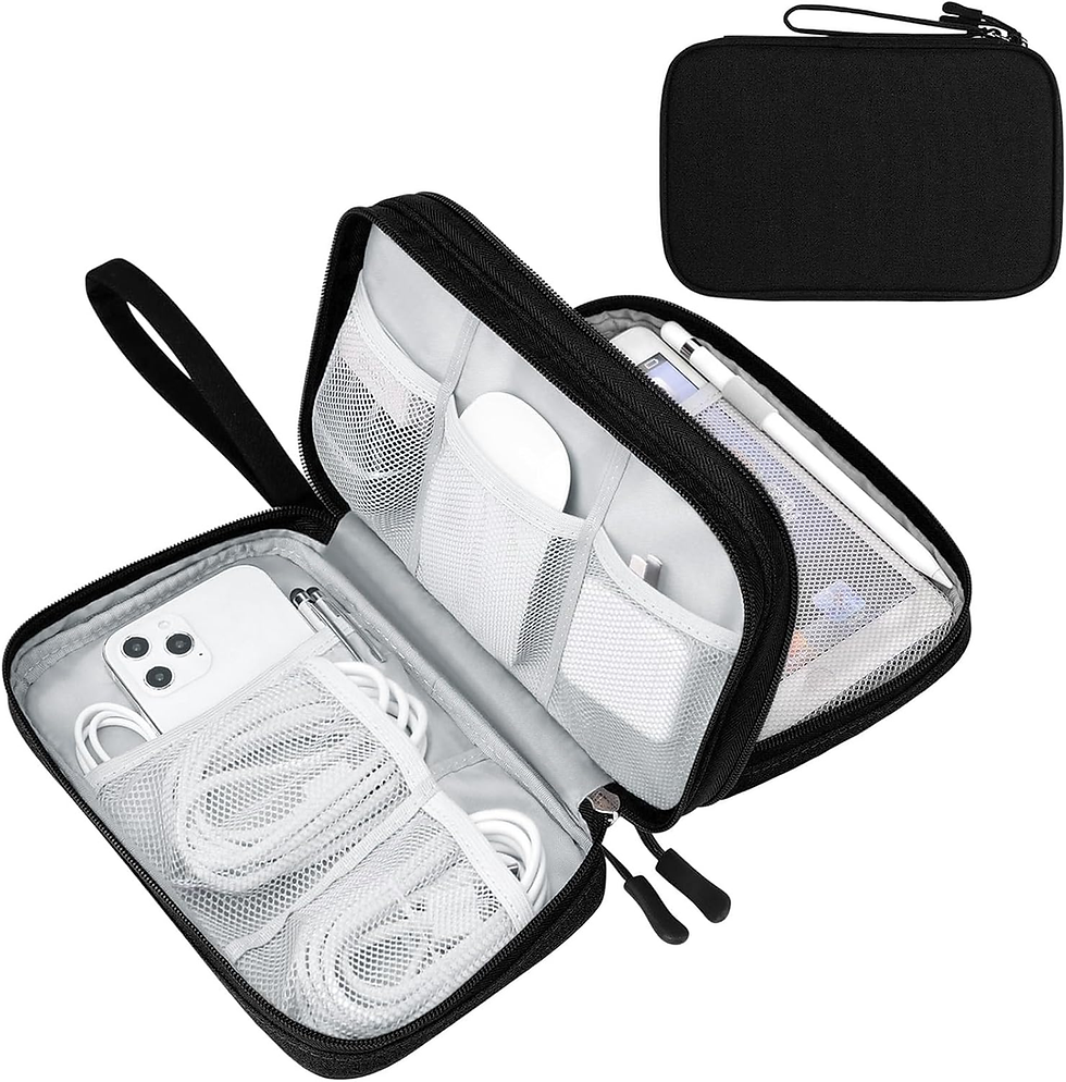 Open black travel organizer with mesh pockets holding cables, a phone, and stationary items. Compact, zippered case shown closed above.