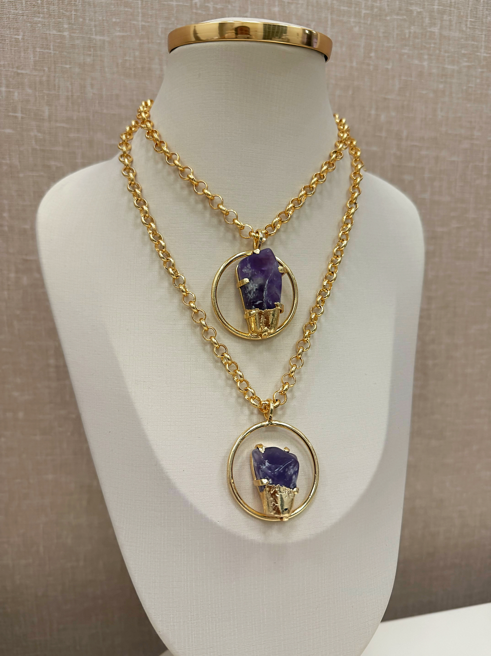 COLAR ELO PORTUGUES CIRCULO PEDRA AMETISTA OURO