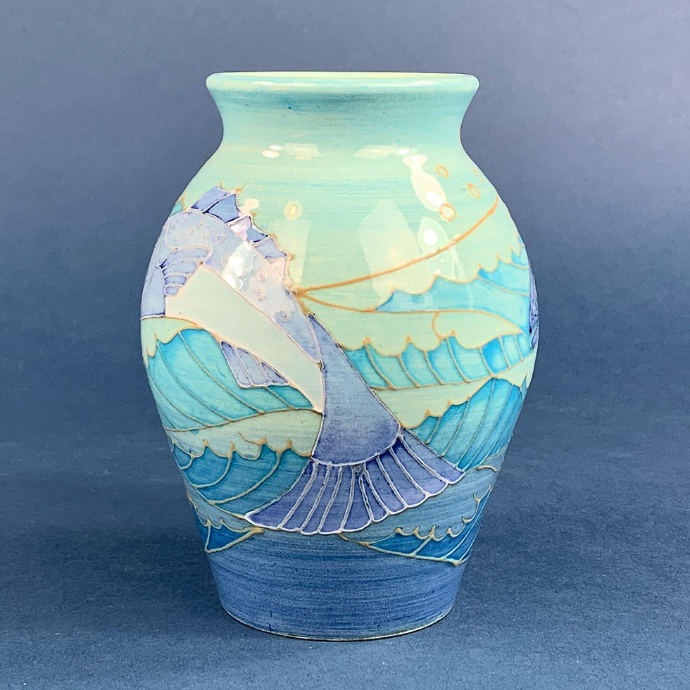 Thumbnail: Dennis China Works fish vase in blue glazes with fish, marked Dennis China Works