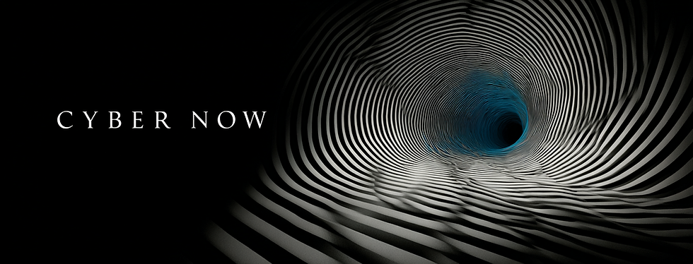 Striking black and white striped tunnel leading to darkness with a blue-tinted end. "CYBER NOW" text on left, creating a futuristic feel.
