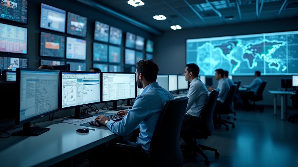 High angle view of a security operations center with multiple monitors