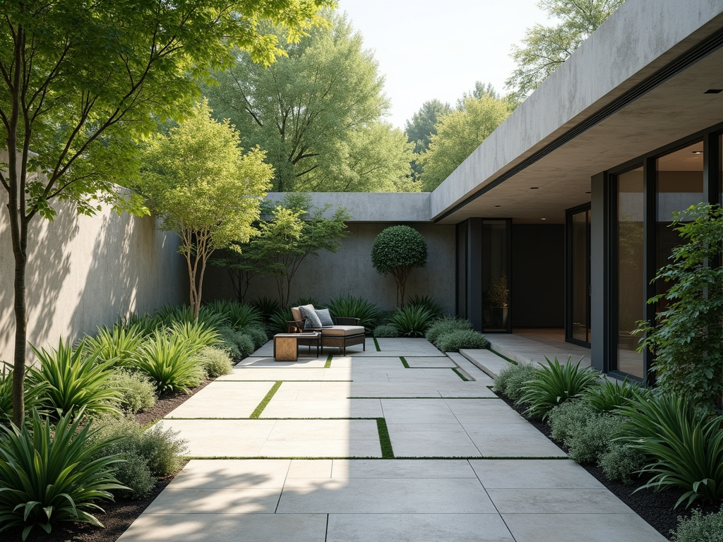 An architecturally designed garden with stone paving and lush landscape greenery representing summer living
