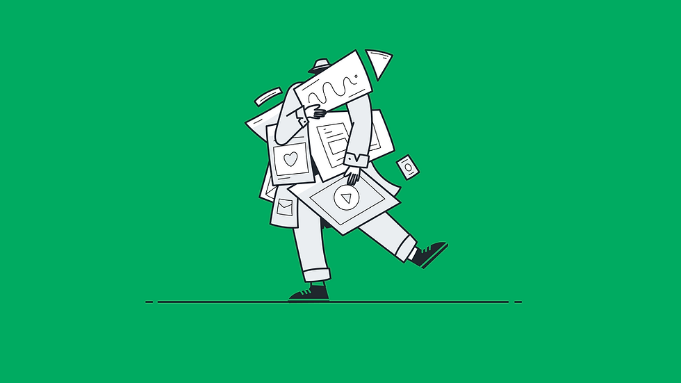 Stylized figure made of floating paper sheets walking on a green background, with icons on the pages.