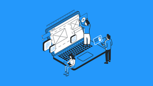 Three people working on a giant laptop with UX/UI design elements. Blue background with icons and a ruler outline.