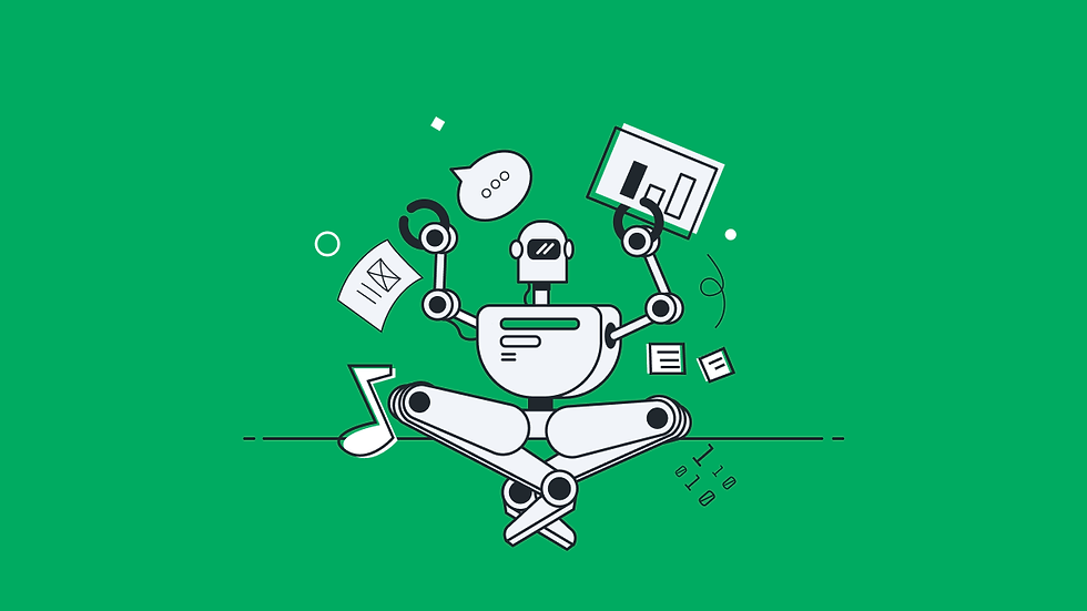 AI robot meditating with documents, graphs, music note, and speech bubble. Green background, binary code below. Tech and creativity theme.