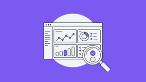 Analytics dashboard with line and bar charts, a magnifying glass highlighting a checkmark, on a purple background