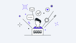 Abstract illustration of a person with icons around them, including messages, a checkmark, and a heart. "2026" is prominent in bold text.