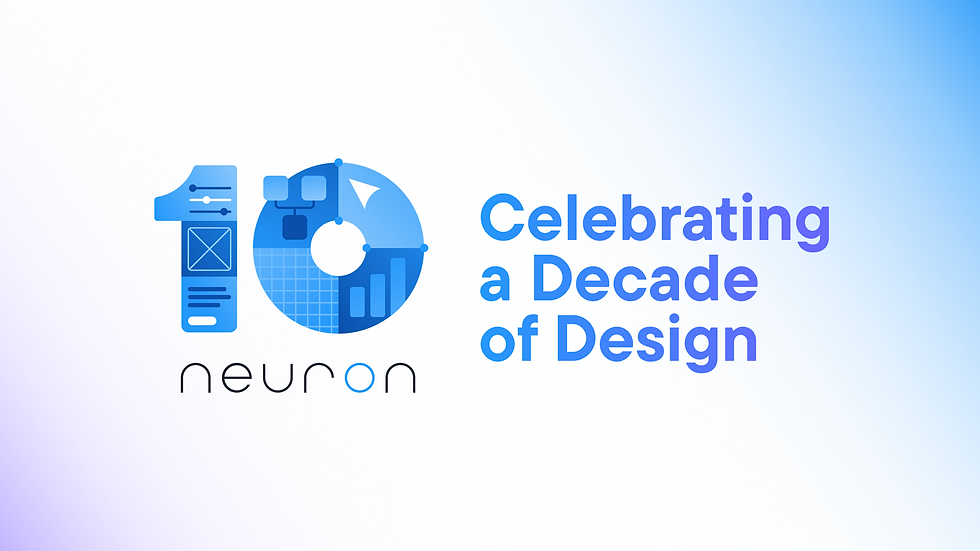 Blue "10" graphic with design elements. Text reads "Celebrating a Decade of Design" on gradient blue/white background.