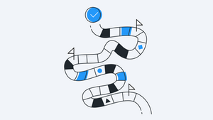 Stylized winding game path with flags and checkmark icons in blue, black, and white on a light background