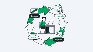 Person at a laptop surrounded by green arrows labeled Design, Build, Launch, Improve, representing a cycle. Icons include pencil, rocket, wrench.