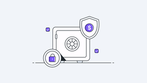 Secure digital safe icon with padlock, dollar shield, and check marks on a light background
