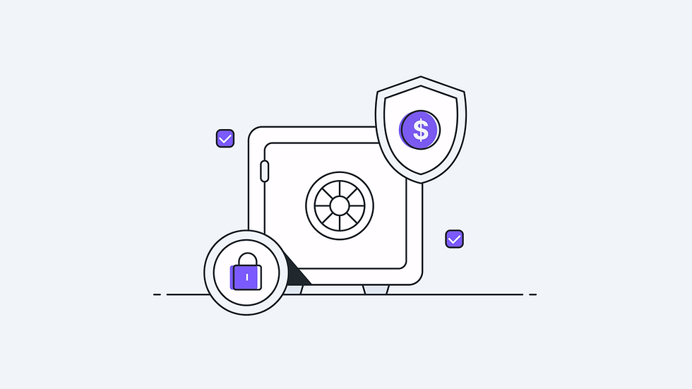 Secure digital safe icon with padlock, dollar shield, and check marks on a light background