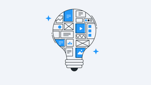 Light bulb shape filled with blue and gray icons and diagrams on a light background, symbolizing creativity and innovation.