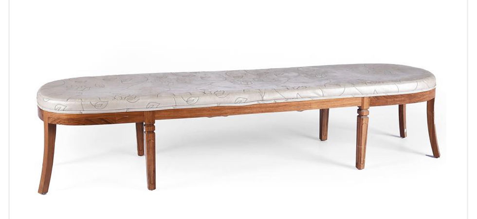 Thumbnail: HUGE TEAK BENCH WITH ROUNDED ENDS FITTED WITH A FIXED SILVER CUSHION WITH FLORAL