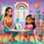 ilustración de niña y docente sentadas en una mesa y en donde la niña está siendo evaluada con IA para encontrar sus intereses